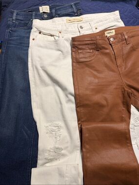 L'AGENCE Brown Leather Skinny Jeans with White and Dark Blue Denim Pairing